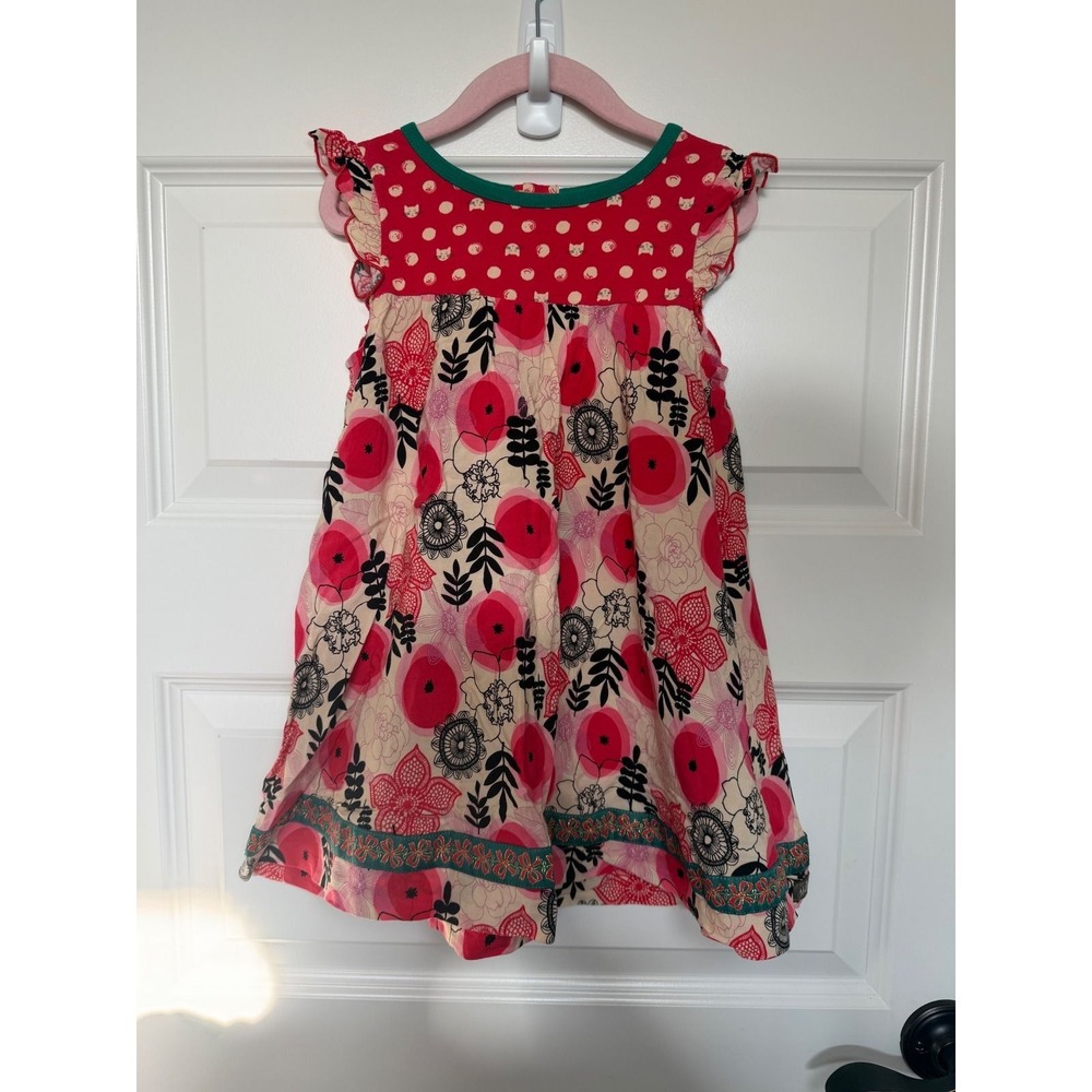 29.Matilda Jane Girls Red Floral Cat Polka Dot Ruffle Dress Size 4 24054D